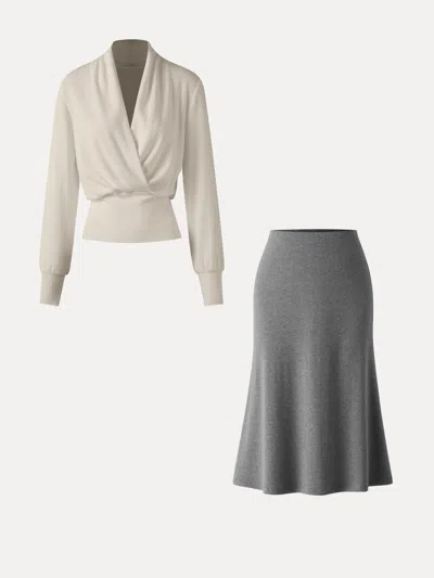 Oglmove 2pcs Set Surplice Banded Hem Top & Soft Pull-on Midi Skirt In Misty Mist/heather Carbon