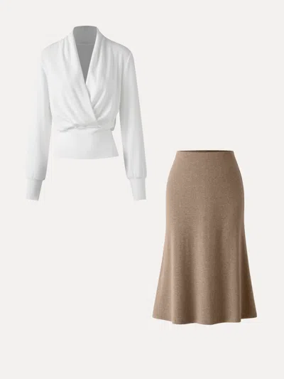 Oglmove 2pcs Set Surplice Banded Hem Top & Soft Pull-on Midi Skirt In White/heather Taupe