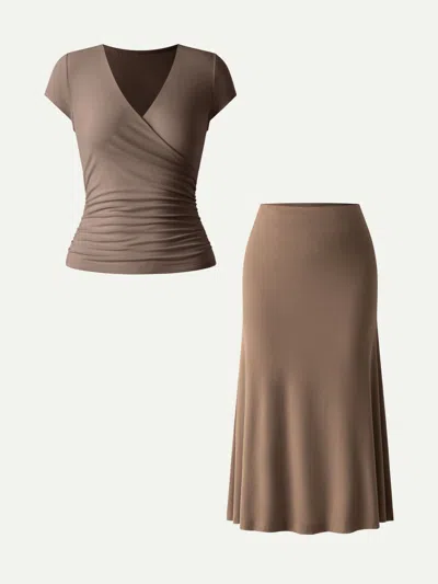 Oglmove 2pcs Set Surplice Cap Sleeve Tee & Pull-on Mermaid Midi Skirt