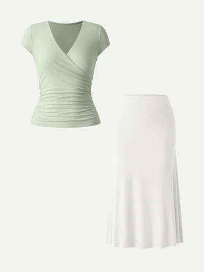 Oglmove 2pcs Set Surplice Cap Sleeve Tee & Pull-on Mermaid Midi Skirt