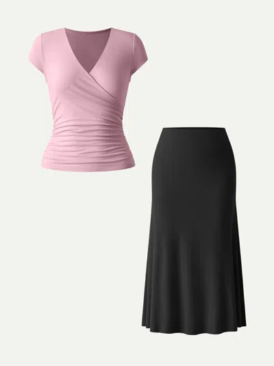 Oglmove 2pcs Set Surplice Cap Sleeve Tee & Pull-on Mermaid Midi Skirt