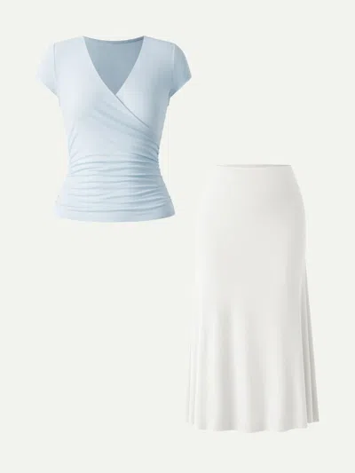 Oglmove 2pcs Set Surplice Cap Sleeve Tee & Pull-on Mermaid Midi Skirt