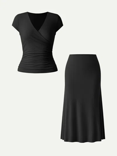 Oglmove 2pcs Set Surplice Cap Sleeve Tee & Pull-on Mermaid Midi Skirt In Black