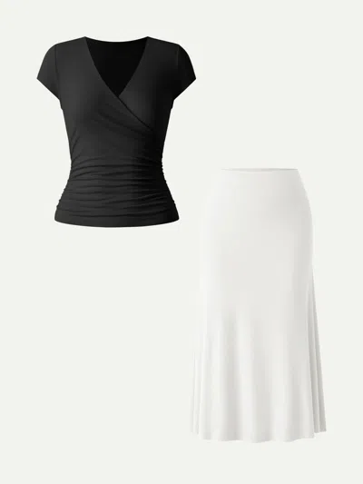 Oglmove 2pcs Set Surplice Cap Sleeve Tee & Pull-on Mermaid Midi Skirt In Multi