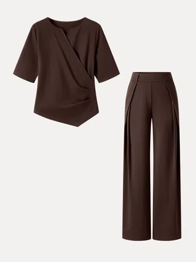 Oglmove 2pcs Set Surplice Elbow Sleeve Top & Mid-rise  Wide-leg Tuck Pants With Pockets In Hickory Brown