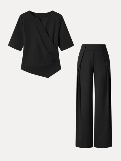 Oglmove 2pcs Set Surplice Elbow Sleeve Top & Mid-rise  Wide-leg Tuck Pants With Pockets In Pure Black