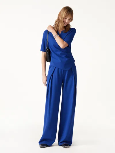 Oglmove 2pcs Set Surplice Elbow Sleeve Top & Mid-rise  Wide-leg Tuck Pants With Pockets In Ultramarine Blue