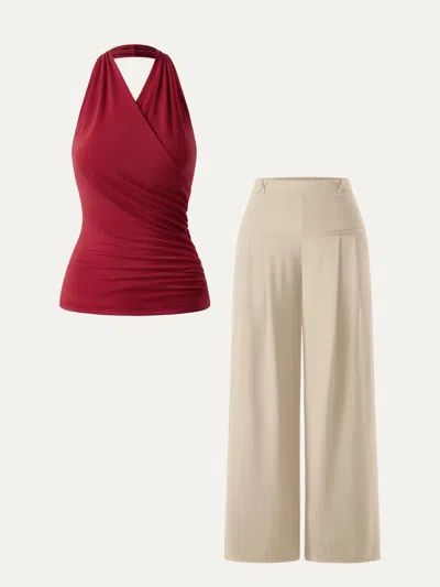 Oglmove 2pcs Set Surplice Halter Neck Tank & Mid Rise Wide Leg Trouser With Pockets