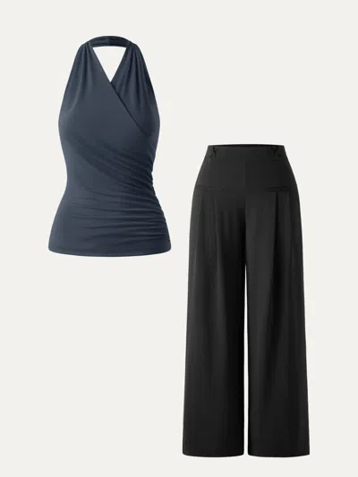 Oglmove 2pcs Set Surplice Halter Neck Tank & Mid Rise Wide Leg Trouser With Pockets