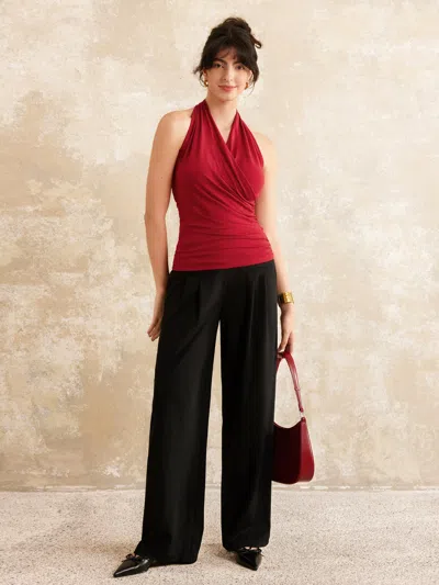 Oglmove 2pcs Set Surplice Halter Neck Tank & Mid Rise Wide Leg Trouser With Pockets In Multi