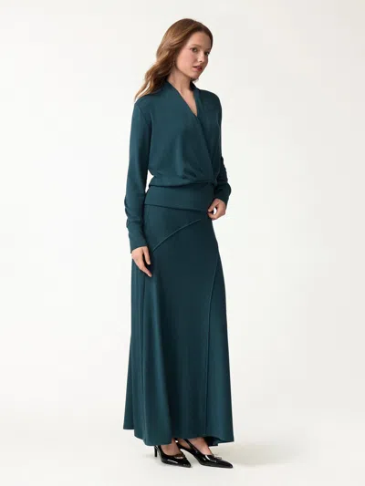 Oglmove 2pcs Set Surplice Long Sleeve Banded Hem Top & A-line Midi Skirt In Forest Night