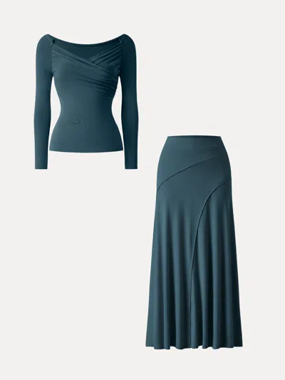 Oglmove 2pcs Set Surplice Long Sleeve Ruched Top &  A-line Midi Skirt In Forest Night