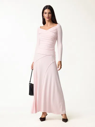 Oglmove 2pcs Set Surplice Long Sleeve Ruched Top &  A-line Midi Skirt In Powder Pink