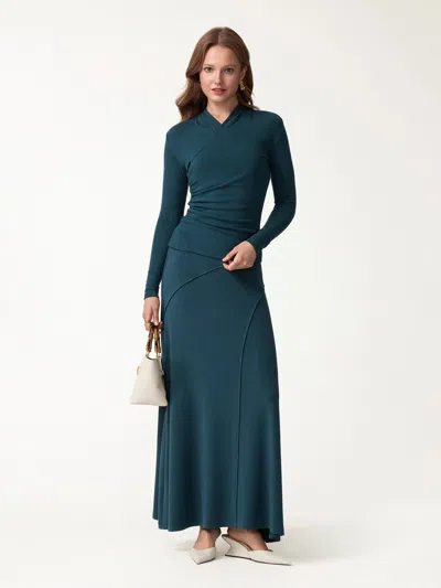 Oglmove 2pcs Set Surplice Long Sleeve Top & A-line Midi Skirt In Forest Night