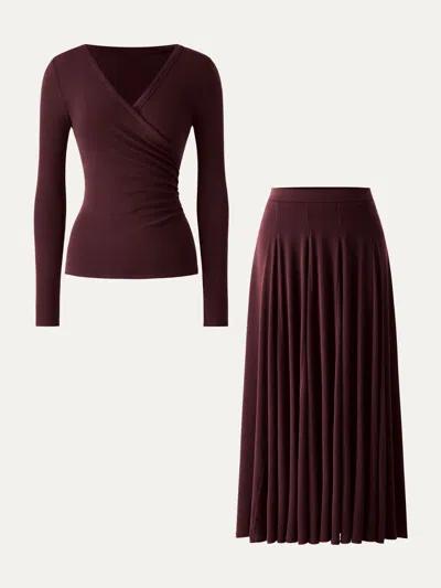 Oglmove 2pcs Set Surplice Ruched Long Sleeve & Godet Hem Pull-on Maxi Skirt