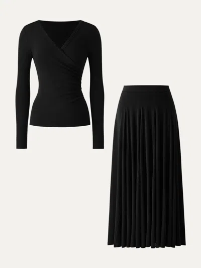 Oglmove 2pcs Set Surplice Ruched Long Sleeve & Godet Hem Pull-on Maxi Skirt In Black