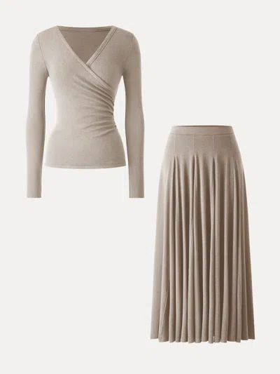 Oglmove 2pcs Set Surplice Ruched Long Sleeve & Godet Hem Pull-on Maxi Skirt In Heather Calico
