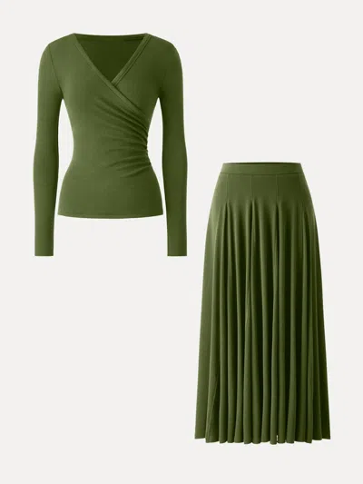 Oglmove 2pcs Set Surplice Ruched Long Sleeve & Godet Hem Pull-on Maxi Skirt In Kale