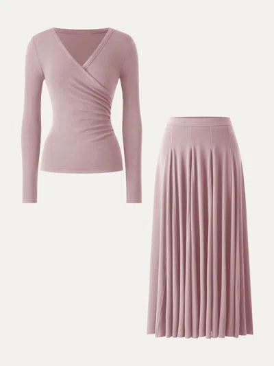 Oglmove 2pcs Set Surplice Ruched Long Sleeve & Godet Hem Pull-on Maxi Skirt In Pink