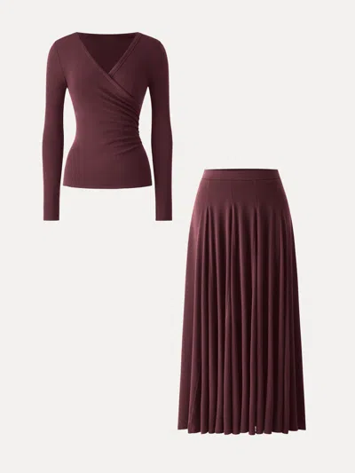 Oglmove 2pcs Set Surplice Ruched Long Sleeve & Godet Hem Pull-on Maxi Skirt In Wine