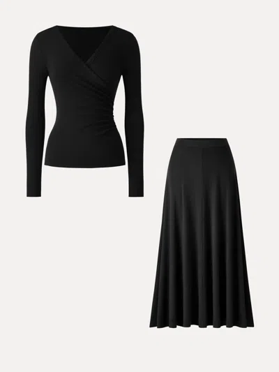 Oglmove 2pcs Set Surplice Ruched Long Sleeve Top & Blend Mid-rise Umbrella Maxi Skirt In Black