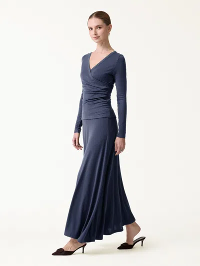 Oglmove 2pcs Set Surplice Ruched Long Sleeve Top & Blend Mid-rise Umbrella Maxi Skirt In Blue