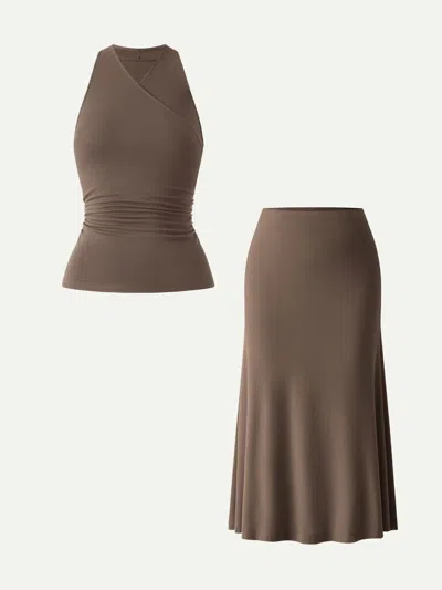 Oglmove 2pcs Set Surplice Sleeveless Top & Pull-on Mermaid Midi Skirt