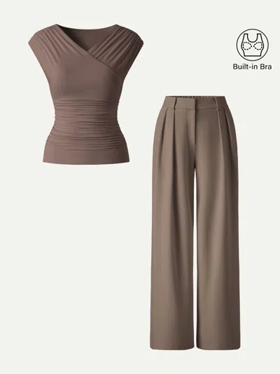 Oglmove 2pcs Set Surplice V-neck Bra Top & Mid Rise Wide Leg Work Pants