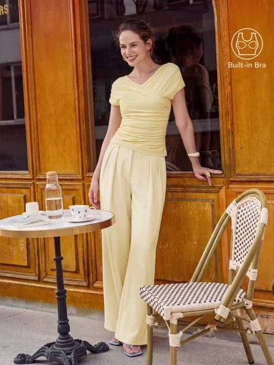 Oglmove 2pcs Set Surplice V-neck Bra Top & Mid Rise Wide Leg Work Pants