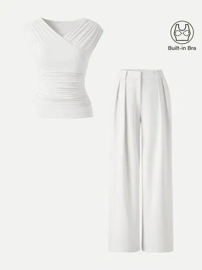 Oglmove 2pcs Set Surplice V-neck Bra Top & Mid Rise Wide Leg Work Pants