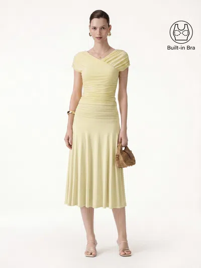 Oglmove 2pcs Set Surplice V-neck Bra Top & Side Ruched A-line Midi Skirt In Yellow