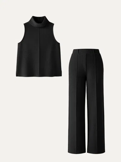 Oglmove 2pcs Set Tall Turtle Neck Split Hem Top & High Waisted Straigh Leg Pull On Pant In Black