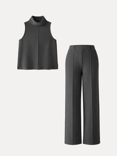 Oglmove 2pcs Set Tall Turtle Neck Split Hem Top & High Waisted Straigh Leg Pull On Pant In Deep Grey