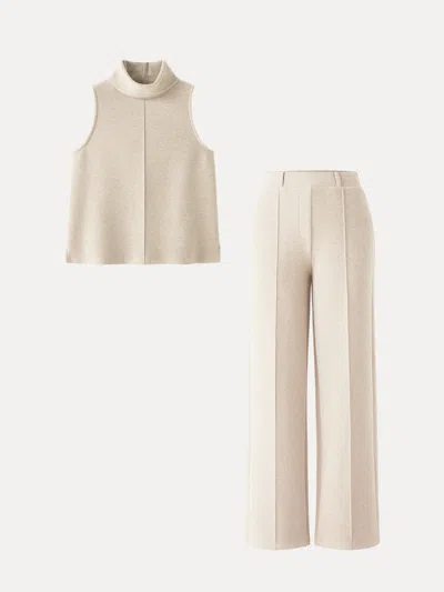 Oglmove 2pcs Set Split Hem Top & High Waisted Straight Leg Pant In Heather Beige