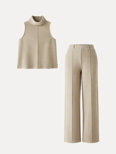 Oglmove 2pcs Set Tall Turtle Neck Split Hem Top & High Waisted Straigh Leg Pull On Pant In Heather Morganite