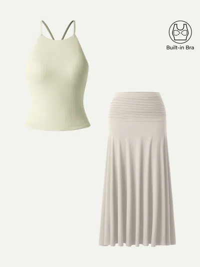 Oglmove 2pcs Set Tie Back Bandless Bra Tank & Mid Rise A-line Ruched Maxi Skirt