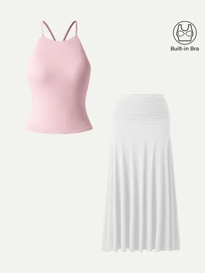Oglmove 2pcs Set Tie Back Bandless Bra Tank & Mid Rise A-line Ruched Maxi Skirt