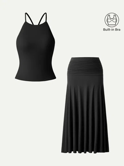 Oglmove 2pcs Set Tie Back Bandless Bra Tank & Mid Rise A-line Ruched Maxi Skirt In Black