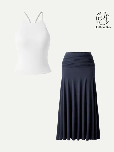 Oglmove 2pcs Set Tie Back Bandless Bra Tank & Mid Rise A-line Ruched Maxi Skirt In Multi