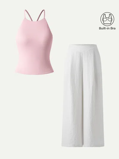 Oglmove 2pcs Set Tie Back Bandless Crop Bra Tank & Mid Rise Wide Leg Pant With Pockets