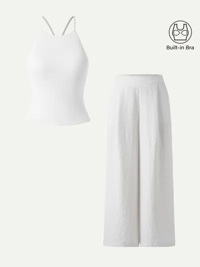 Oglmove 2pcs Set Tie Back Bandless Crop Bra Tank & Mid Rise Wide Leg Pant With Pockets