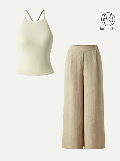 Oglmove 2pcs Set Tie Back Bandless Crop Bra Tank & Mid Rise Wide Leg Pant With Pockets