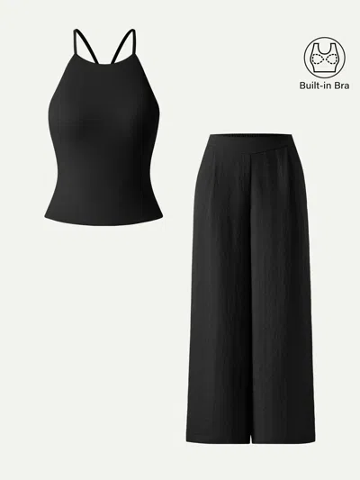 Oglmove 2pcs Set Tie Back Bandless Crop Bra Tank & Mid Rise Wide Leg Pant With Pockets In Black