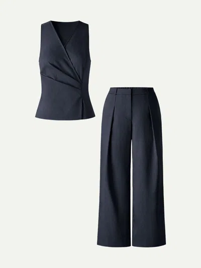 Oglmove 2pcs Set Top With Side Twist & Cropped Wide Leg Pants In Blue