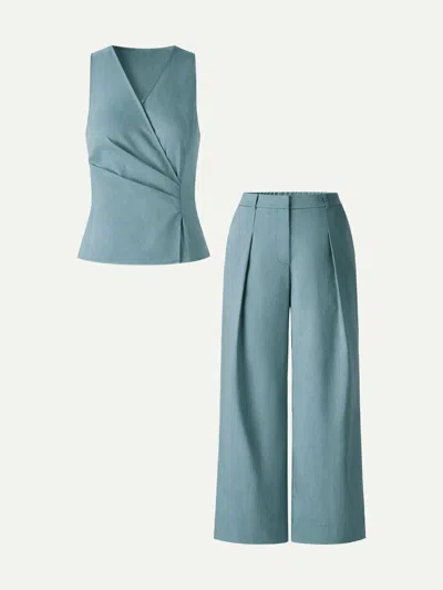 Oglmove 2pcs Set Top With Side Twist & Cropped Wide Leg Pants In Blue