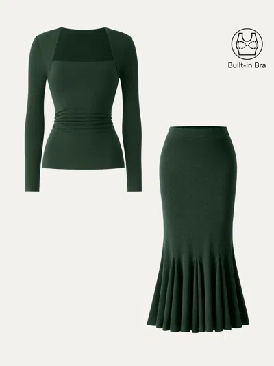 Oglmove 2pcs Set Trapeze Neck Ruched Bra Top & High-rise Mermaid Midi Skirt In Deep Bush