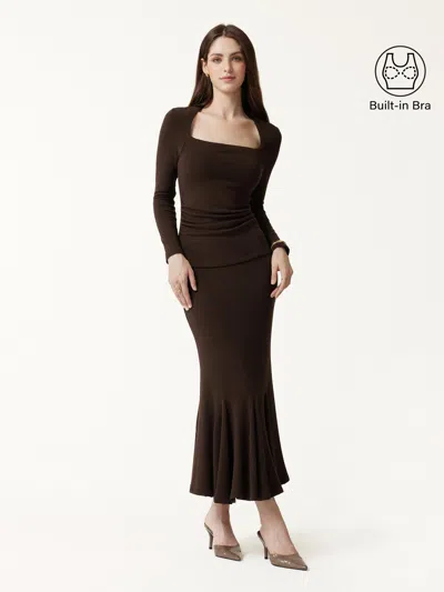 Oglmove 2pcs Set Trapeze Neck Ruched Bra Top & High-rise Mermaid Midi Skirt In Espresso Shut