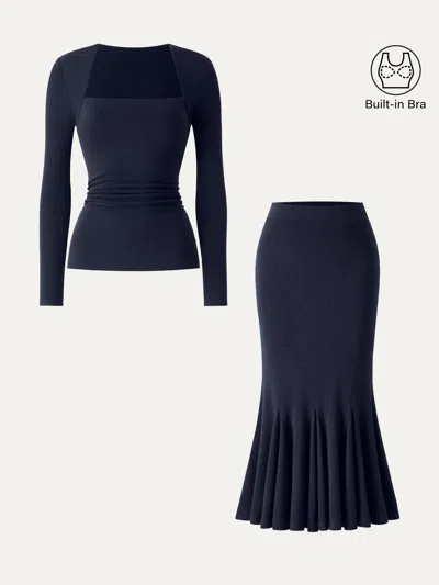 Oglmove 2pcs Set Trapeze Neck Ruched Bra Top & High-rise Mermaid Midi Skirt In Midnight Navy