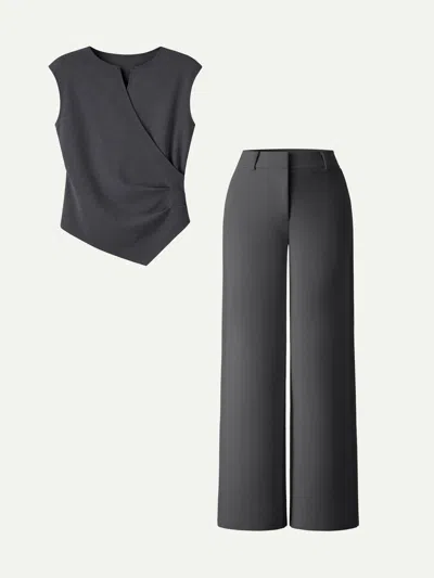 Oglmove 2pcs Set Tucked Angled Tank & Mid Rise Wide Leg Trousers