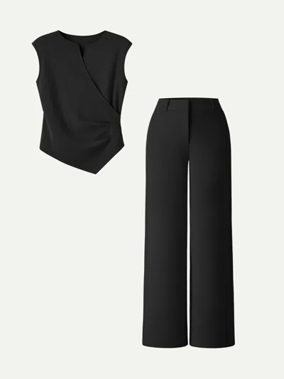 Oglmove 2pcs Set Tucked Angled Tank & Mid Rise Wide Leg Trousers In Black